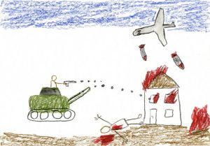 Disegno di bambini con bombardamenti combattimenti e morti