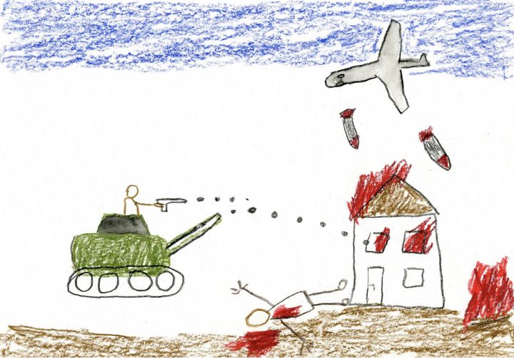 Disegno di Bambini con bombardamento combattimenti e morti 